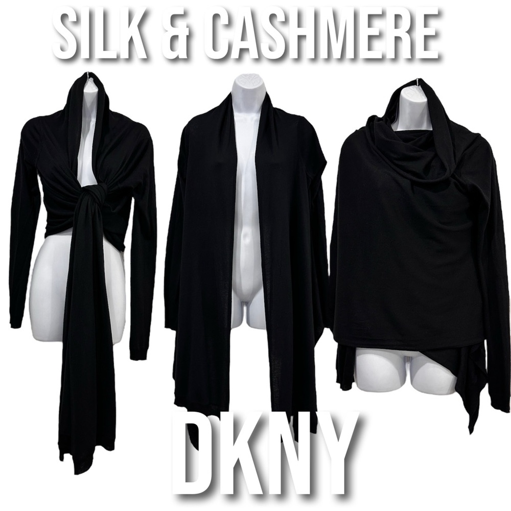 DKNY Silk Cashmere Black Multi Wear Convertible Cardigan Sweater Size S